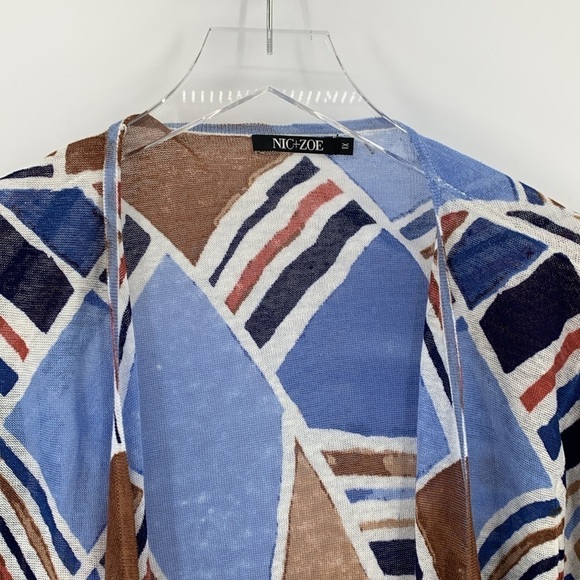 NIC + ZOE blue abstract cardigan sweater blue brown Plus linen new 1X - Picture 2 of 4